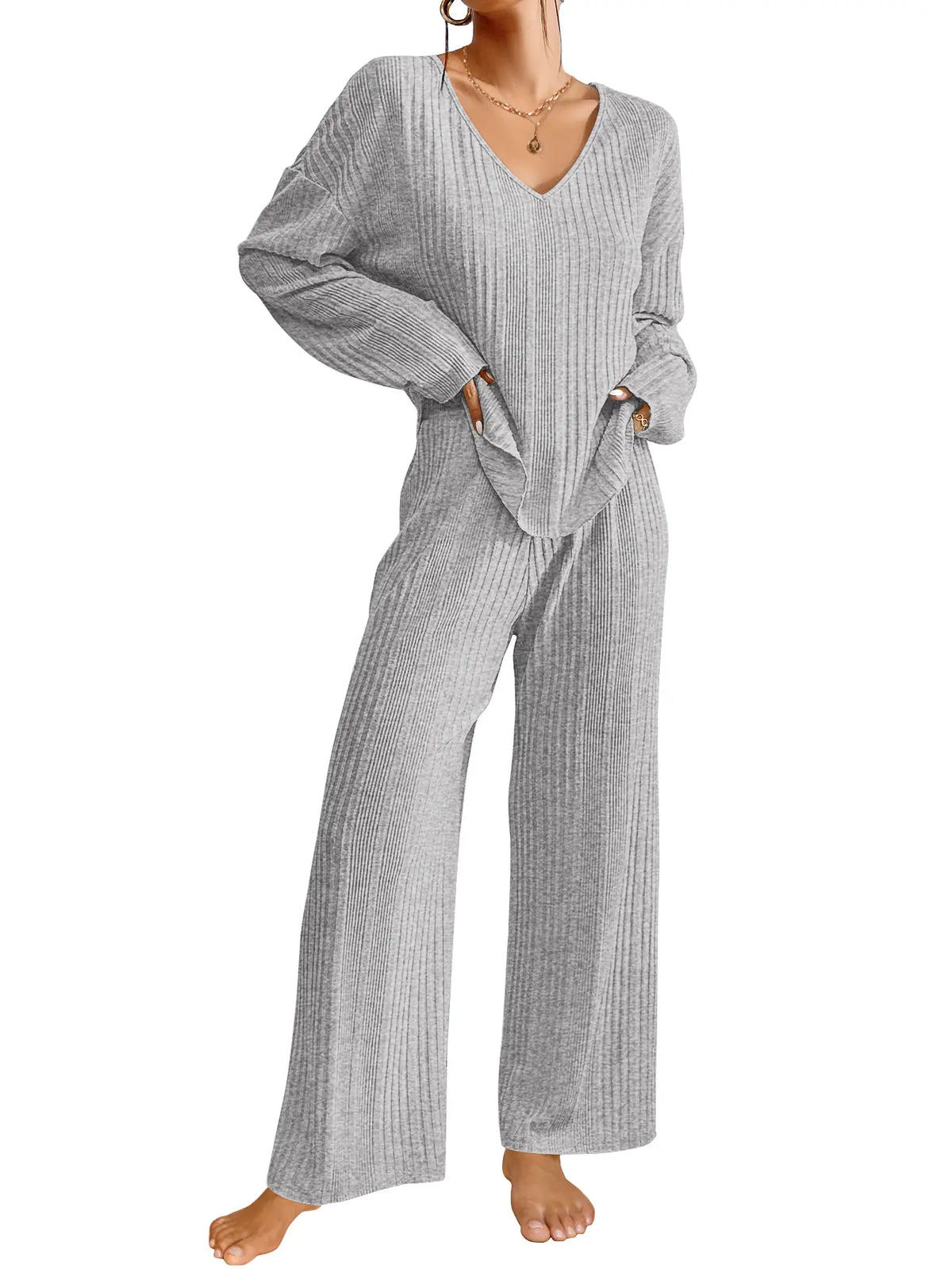 Gray Ribbed Knit Top and Wide Leg Pants Set