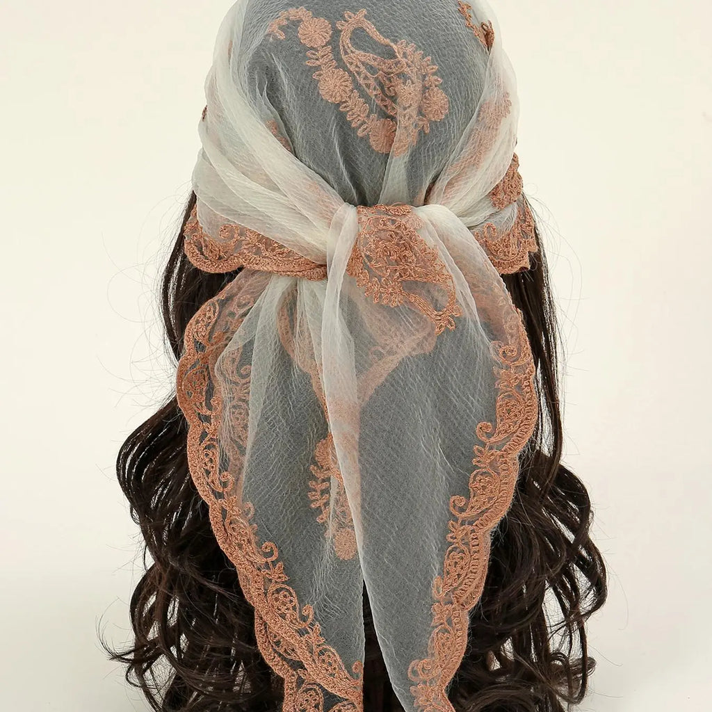 Rust Brown Lace Embroidered Square Head Scarf