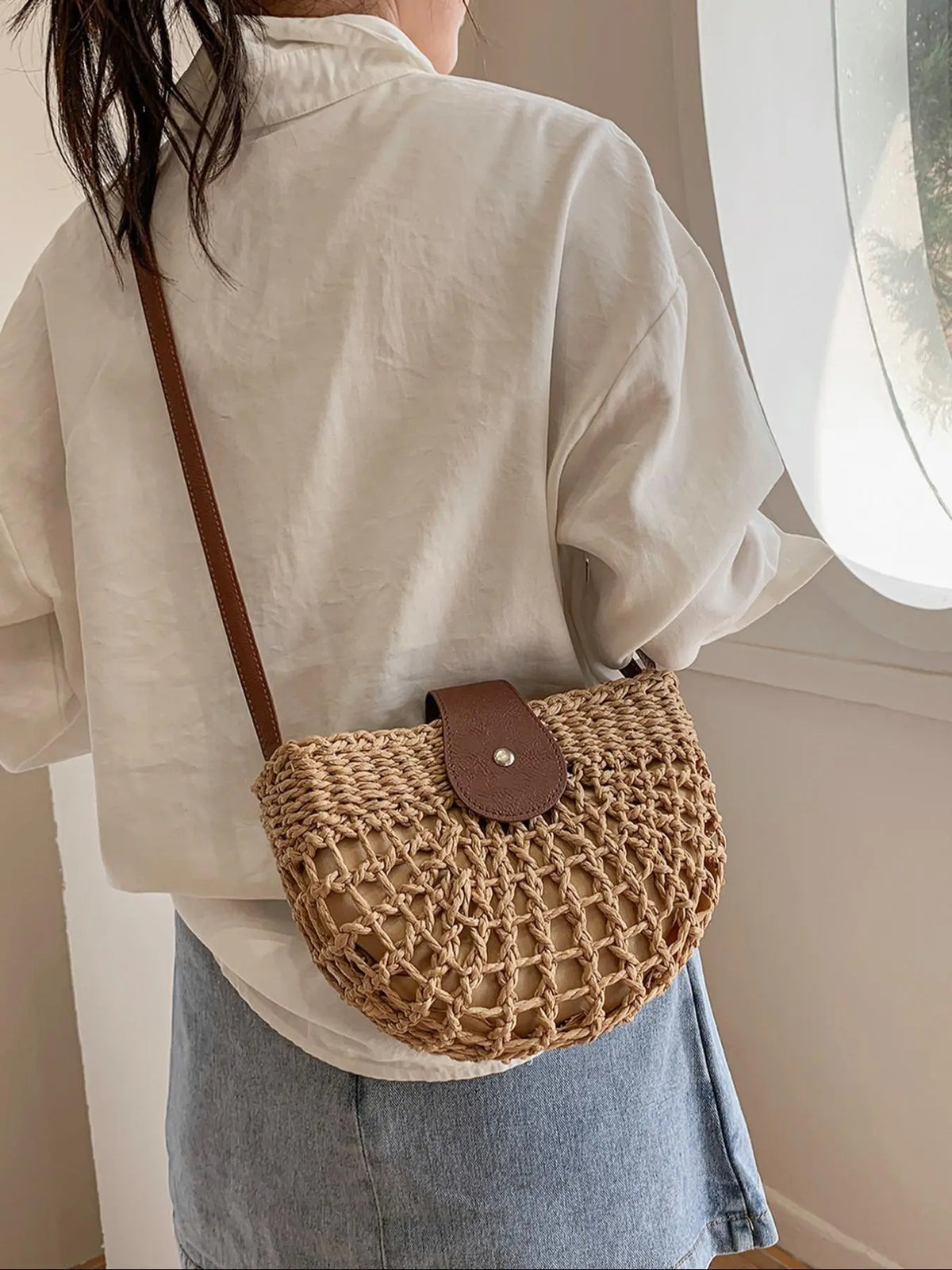 Half-Round Woven Straw Crossbody Bag with Flap