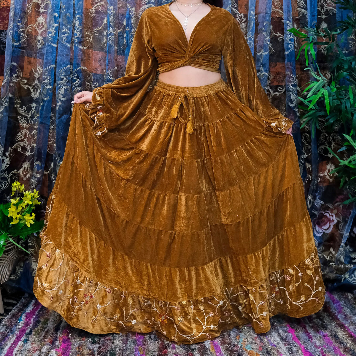 Golden Brown Velvet Tiered Skirt and Wrap Top