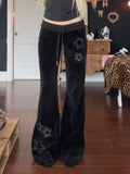 Black Velvet Flare Pants with Star Studs