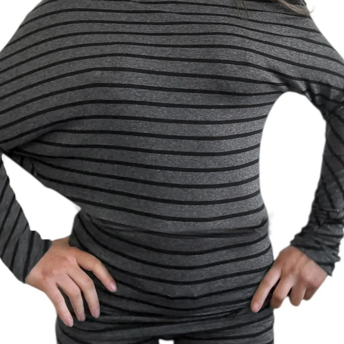Grey Striped Off-Shoulder Top and Drawstring Shorts Set