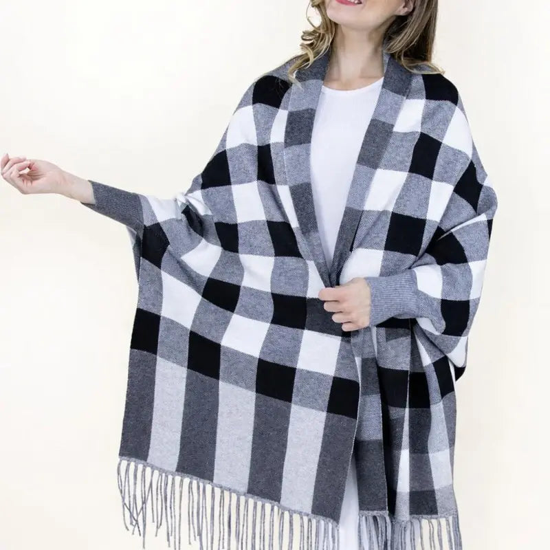 Red and Black Buffalo Check Fringe Shawl Wrap