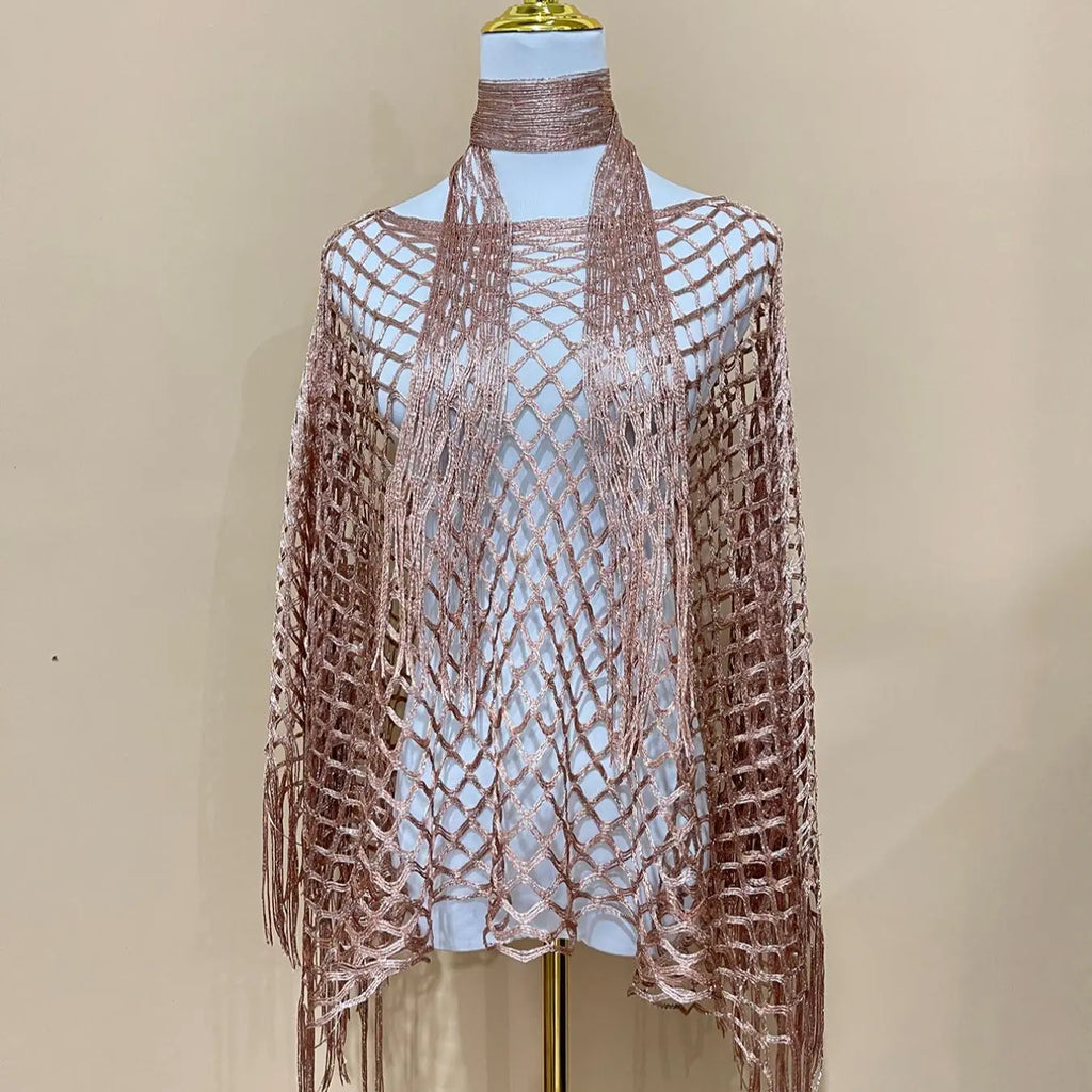 Gold Open Knit Fringe Shawl and Scarf Set