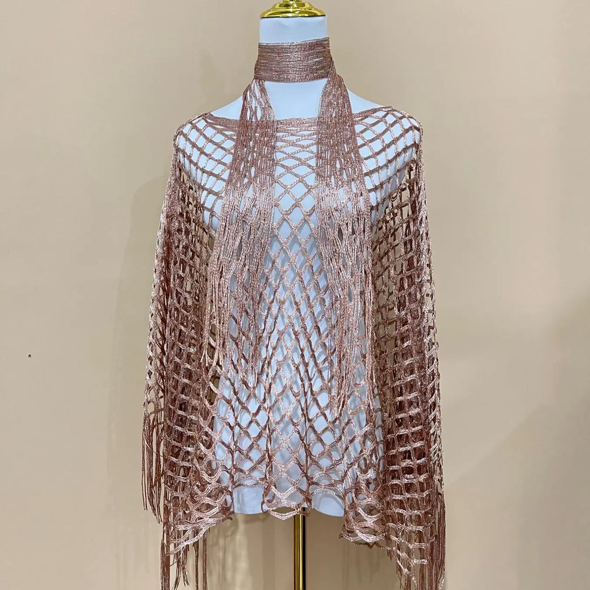 Gold Open Knit Fringe Shawl and Scarf Set
