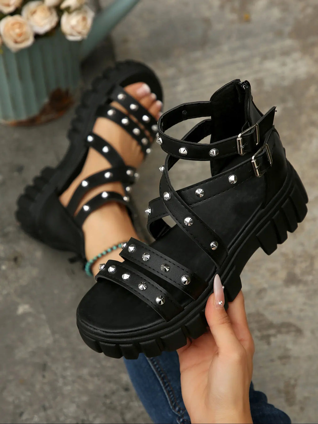 Black Studded Strappy Platform Sandals