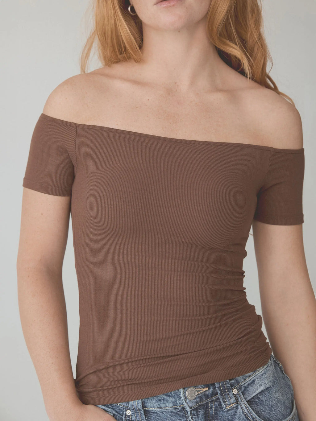 Brown Ribbed Off-Shoulder Short-Sleeve Top