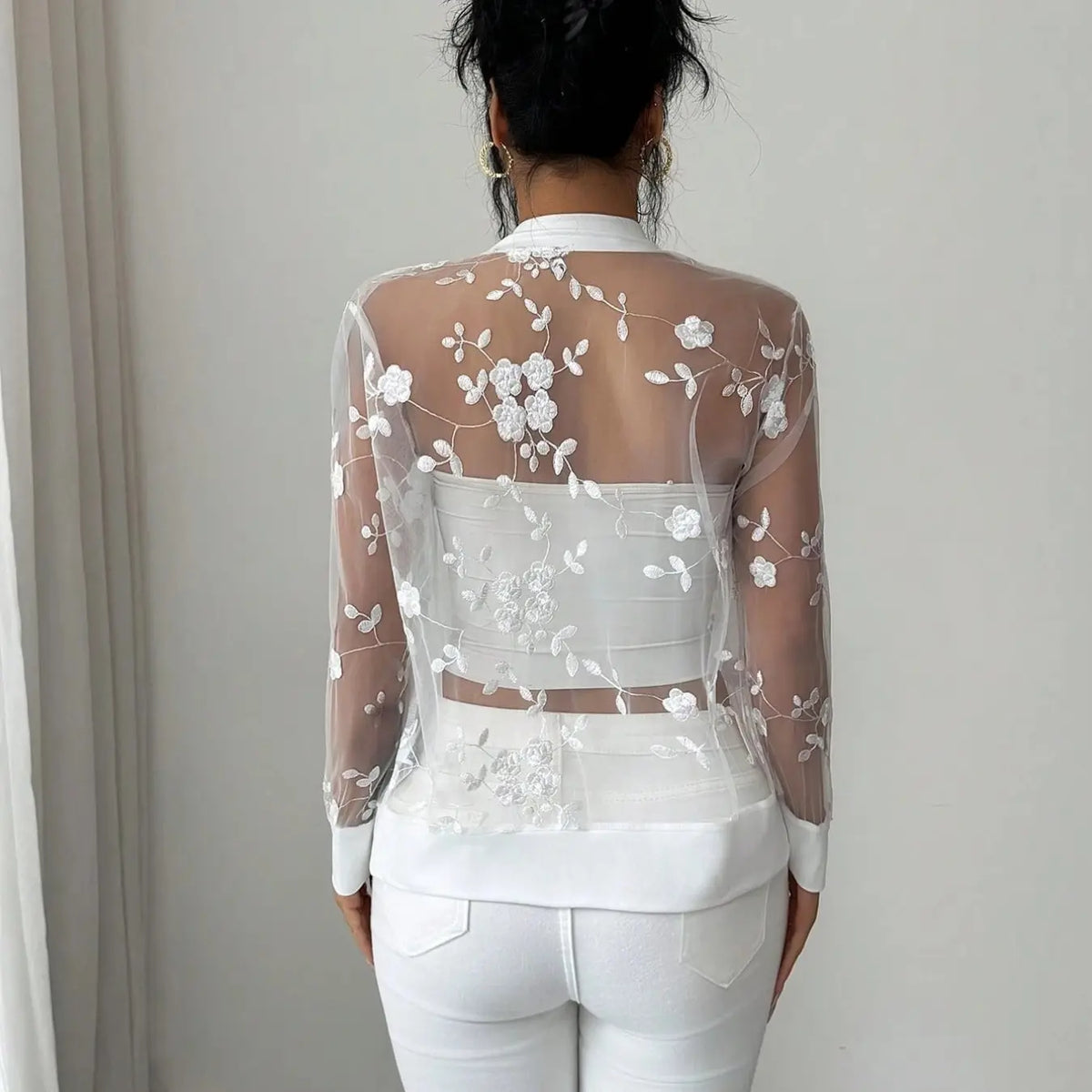 White Sheer Mesh Zip Jacket with Floral Embroidery