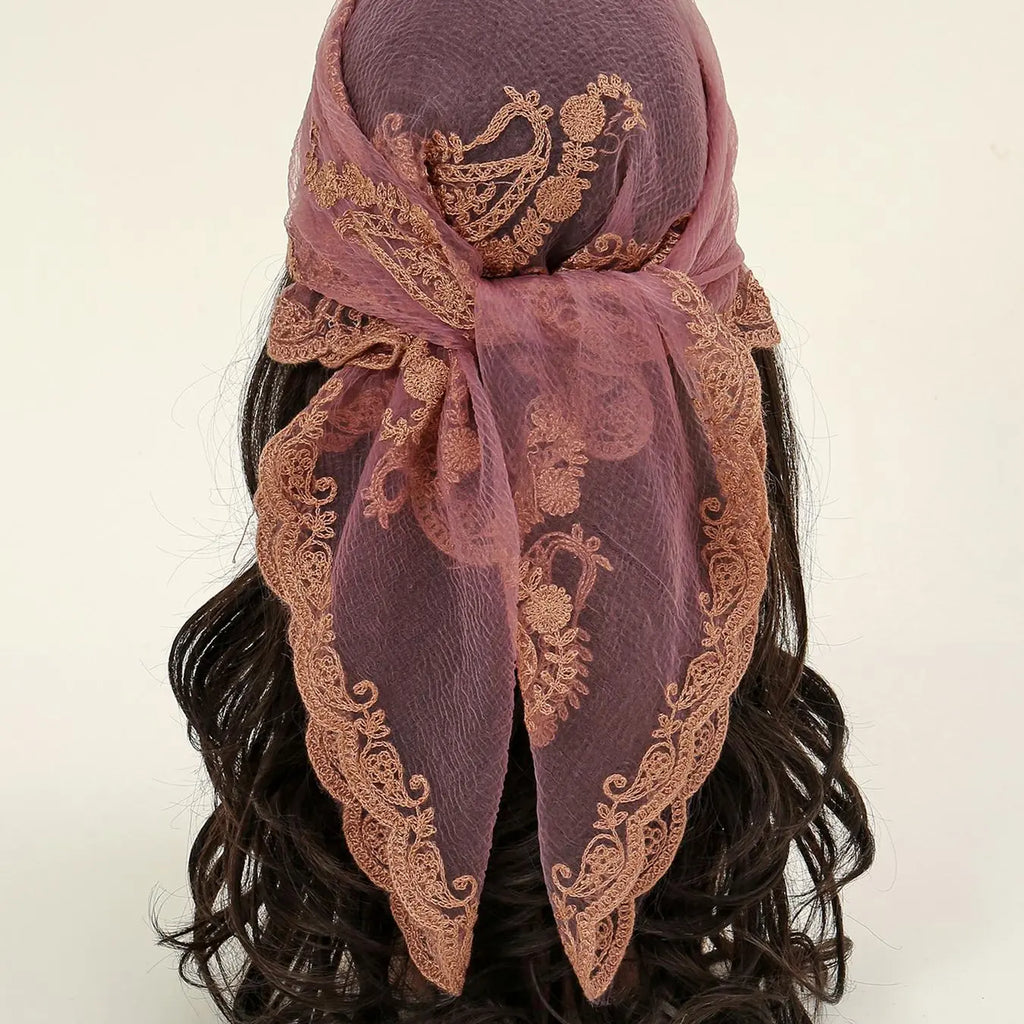 Rust Brown Lace Embroidered Square Head Scarf