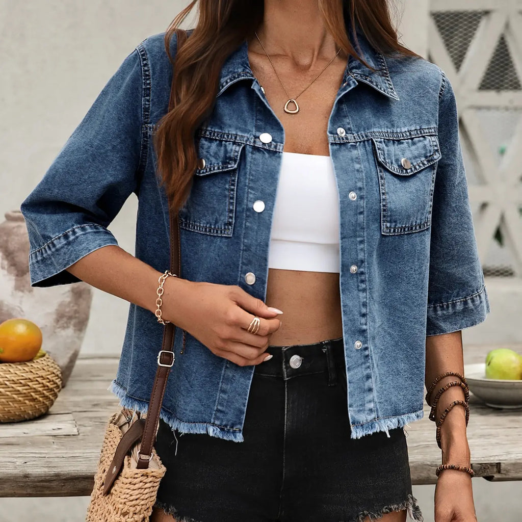 Blue Denim Cropped Jacket with Chest Pockets