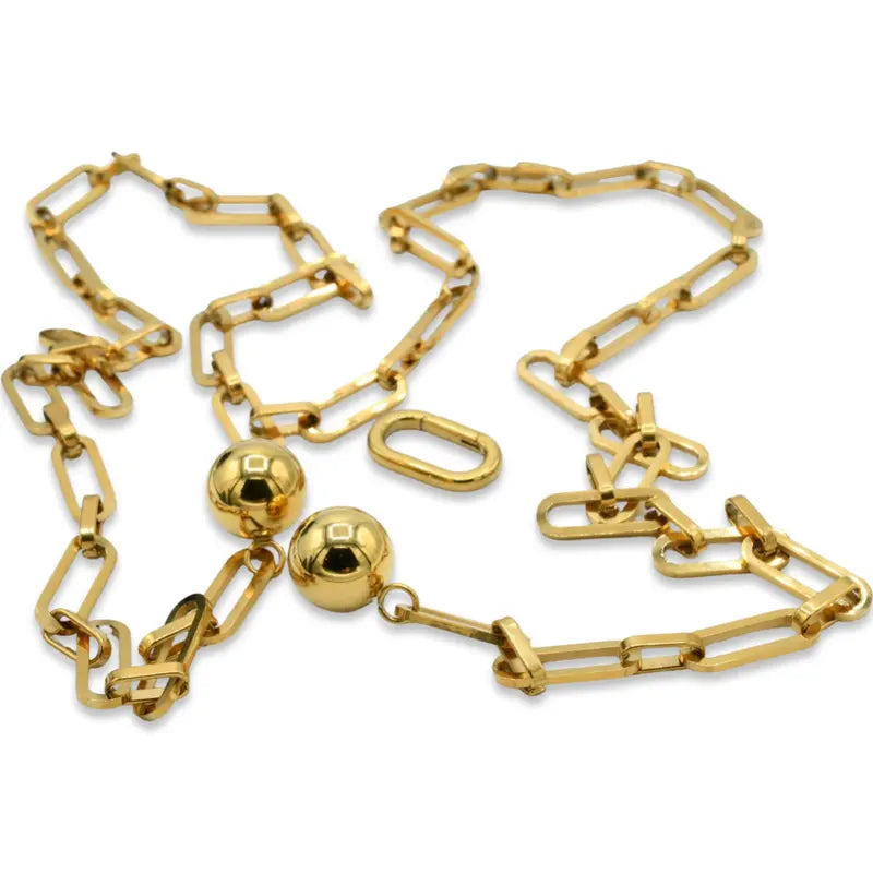Gold Tone Paperclip Chain Necklace with Ball Beads