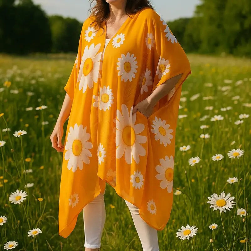 Orange Daisy Print Open-Front Kimono Cover-Up