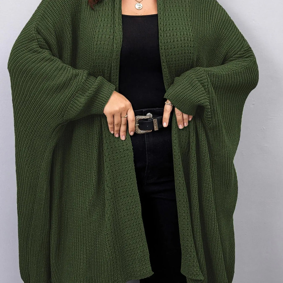 Black Ribbed Knit Open Front Batwing Cardigan
