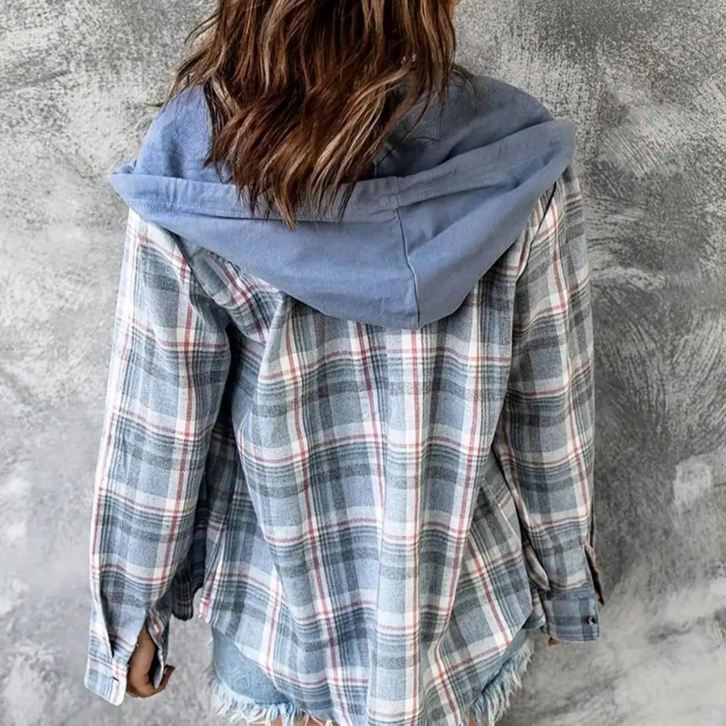 Blue Plaid Hooded Button Front Shirt Jacket