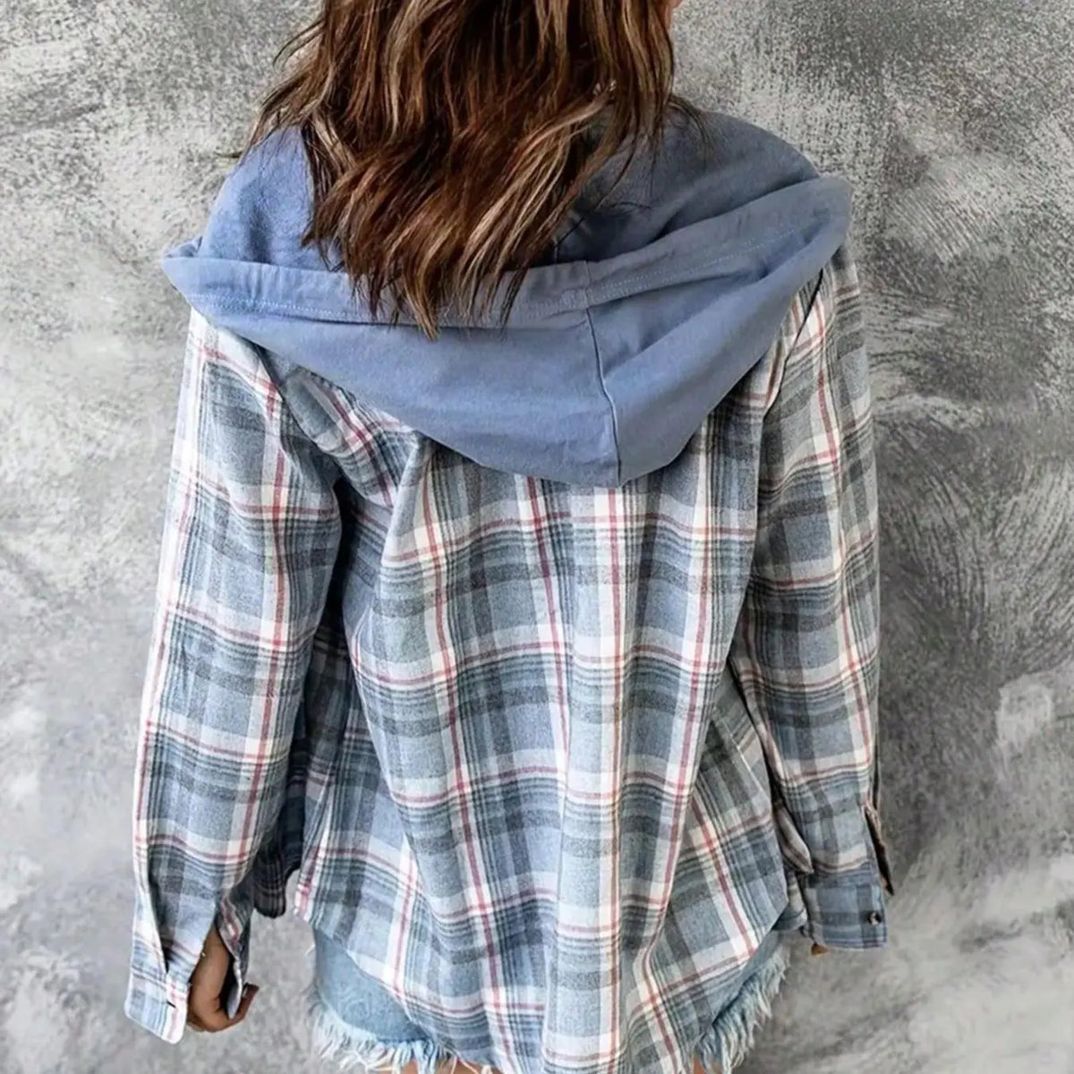Blue Plaid Hooded Button Front Shirt Jacket