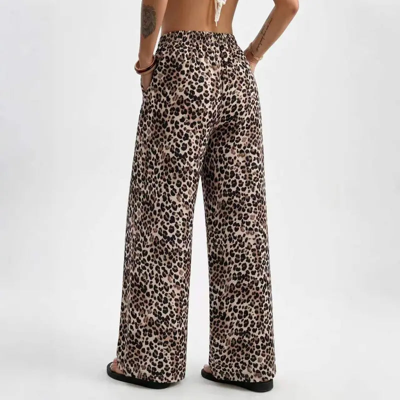 Leopard Print Wide Leg Drawstring Pants