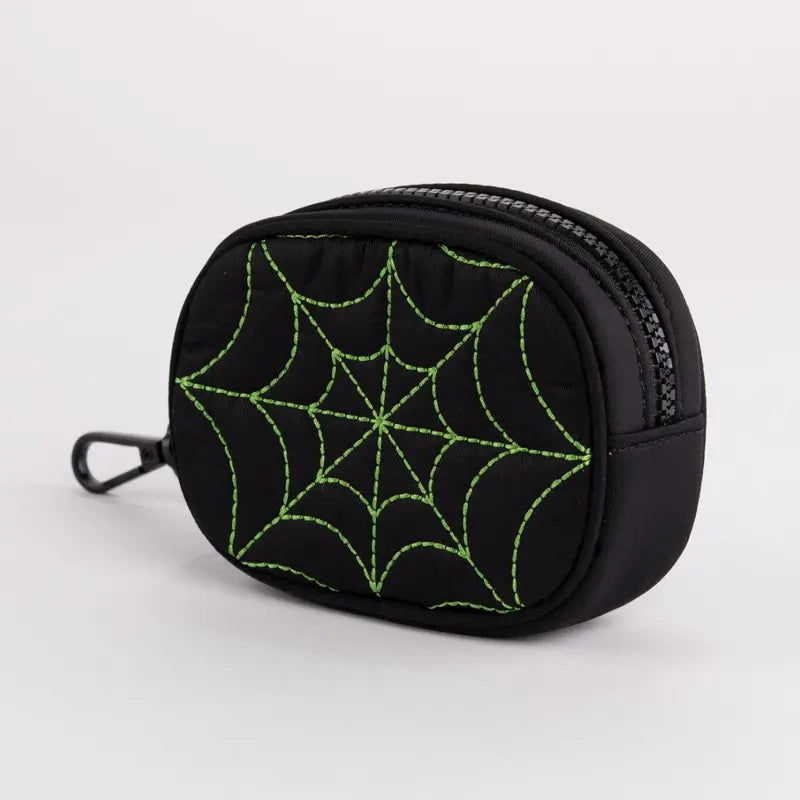 Black Quilted Zip Pouch with Green Web Stitching