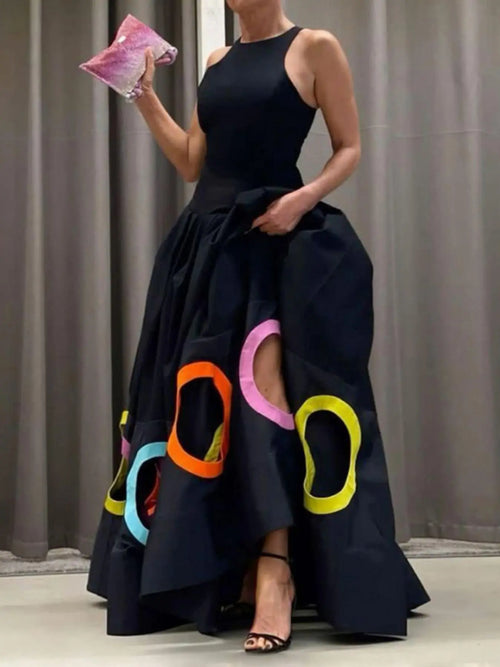 Black Sleeveless Maxi Dress with Colorful Cutout Rings