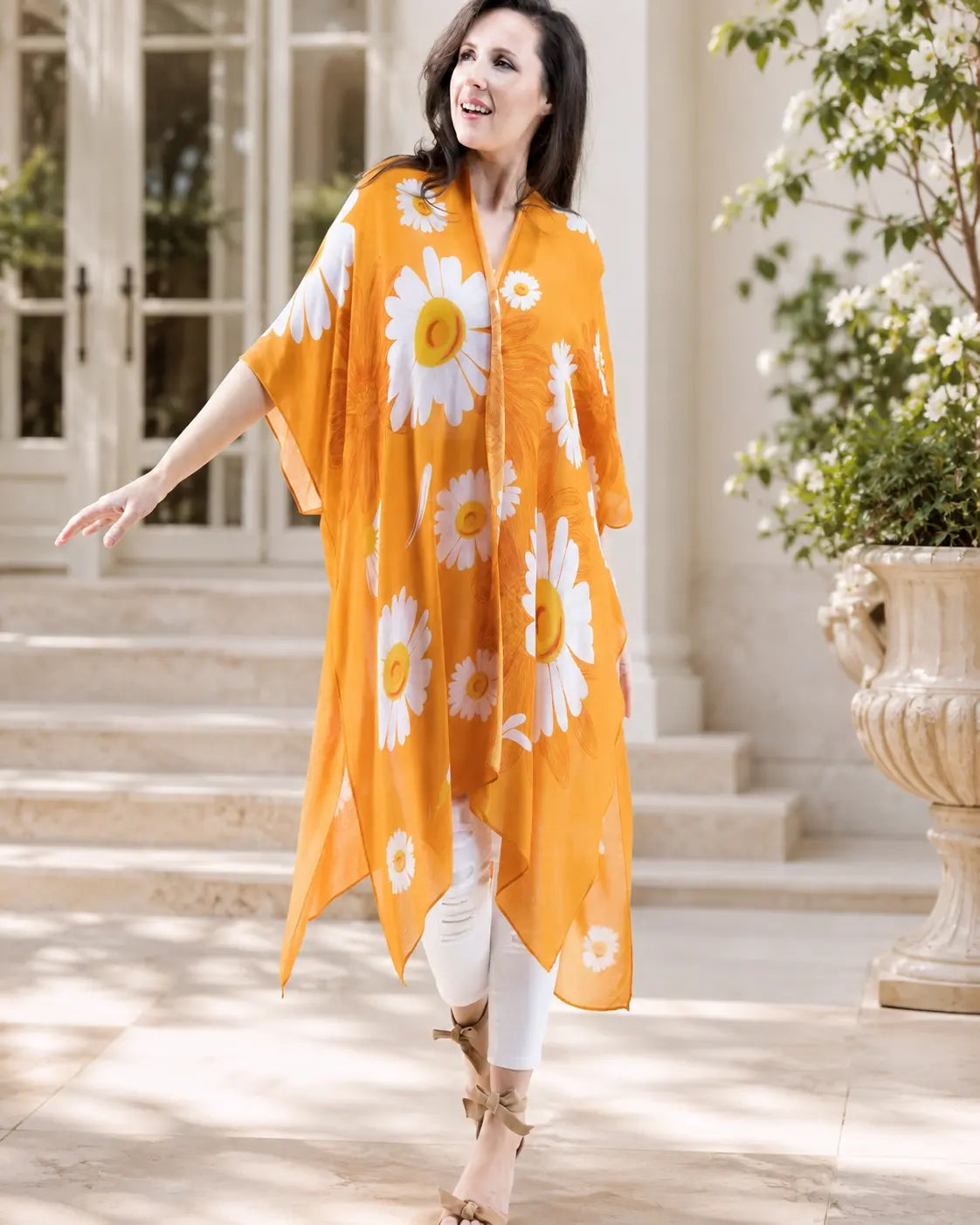 Orange Daisy Print Open-Front Kimono Cover-Up