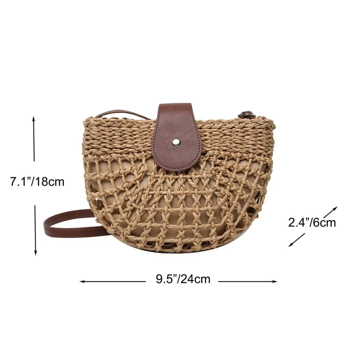 Half-Round Woven Straw Crossbody Bag with Flap