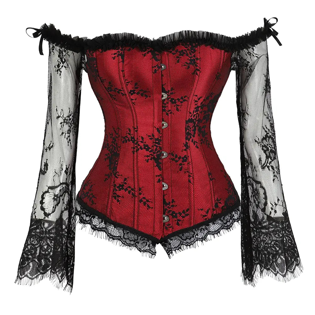 Red Satin Lace-Up Corset Top with Lace Sleeves