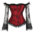 Red Satin Lace-Up Corset Top with Lace Sleeves
