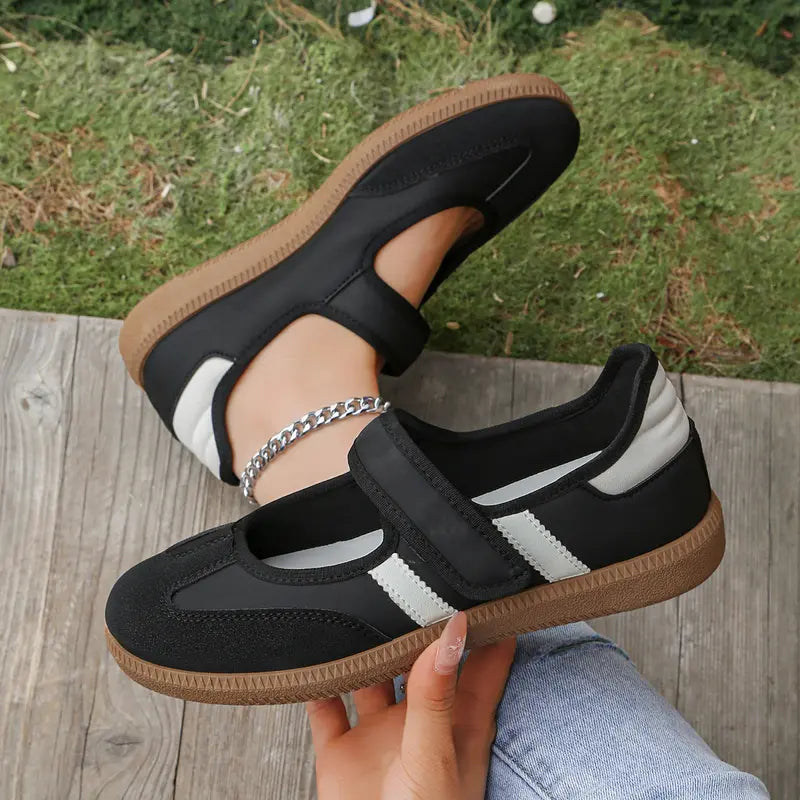 Black Flat Shoes With Hook-and-Loop Strap