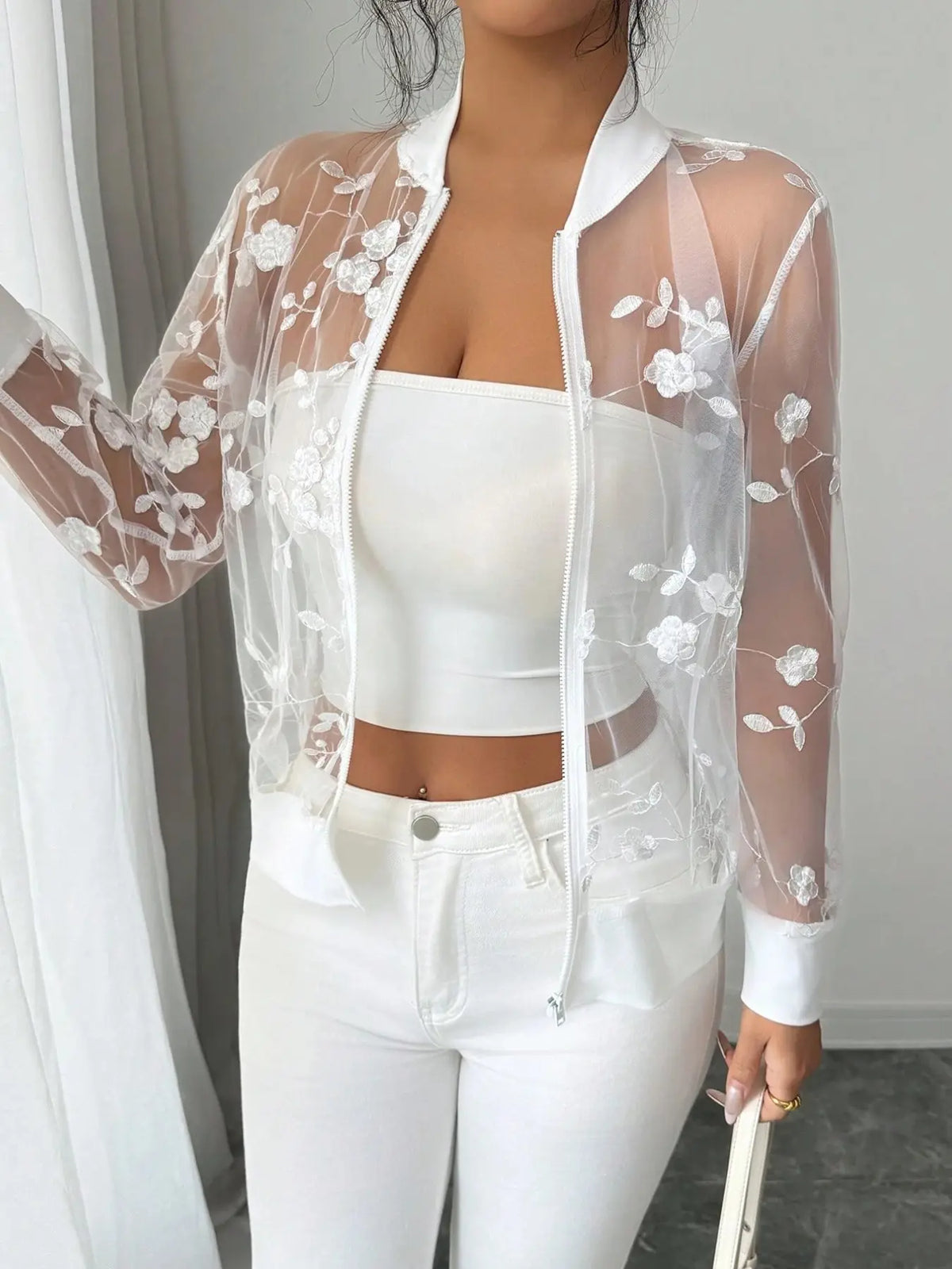 White Sheer Mesh Zip Jacket with Floral Embroidery