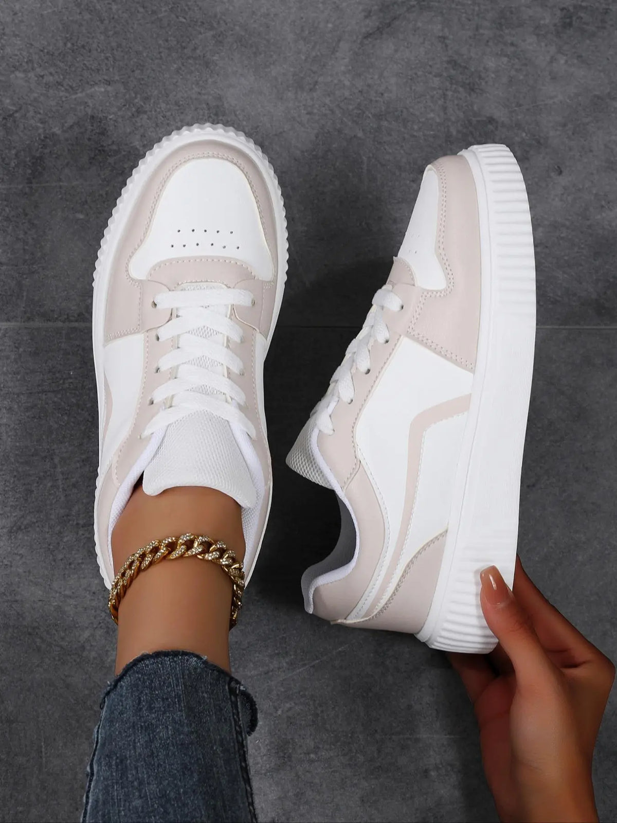 White and Beige Lace-Up Platform Sneakers