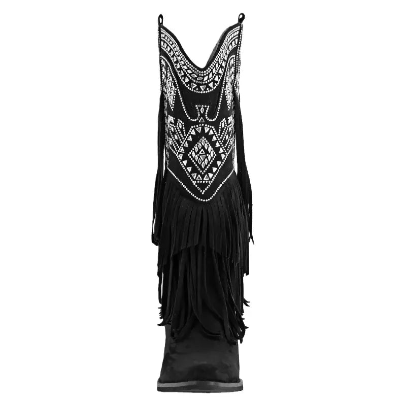 Black Fringe Western Boots with Studded Pattern