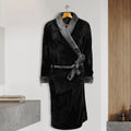 Black Plush Wrap Robe with Grey Shawl Collar
