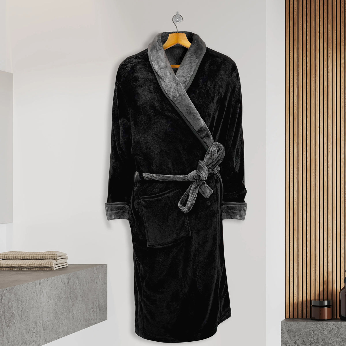 Black Plush Wrap Robe with Grey Shawl Collar