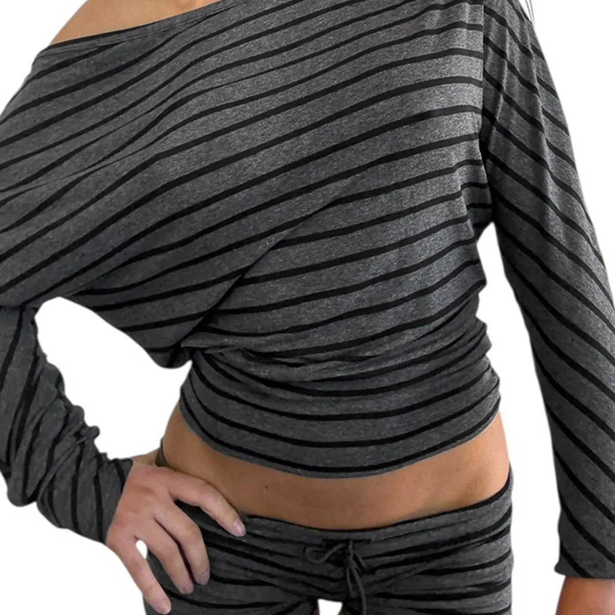 Grey Striped Off-Shoulder Top and Drawstring Shorts Set