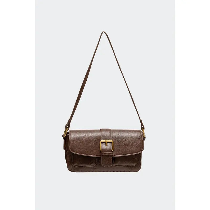 Brown Faux Leather Shoulder Bag with Buckle