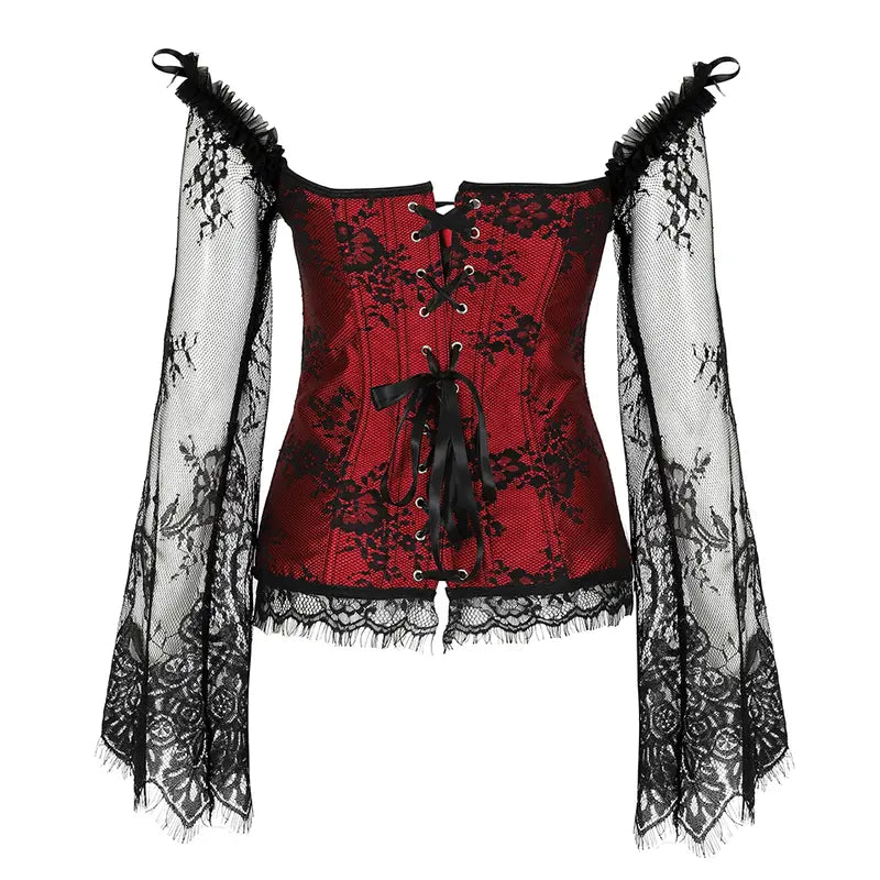 Red Satin Lace-Up Corset Top with Lace Sleeves