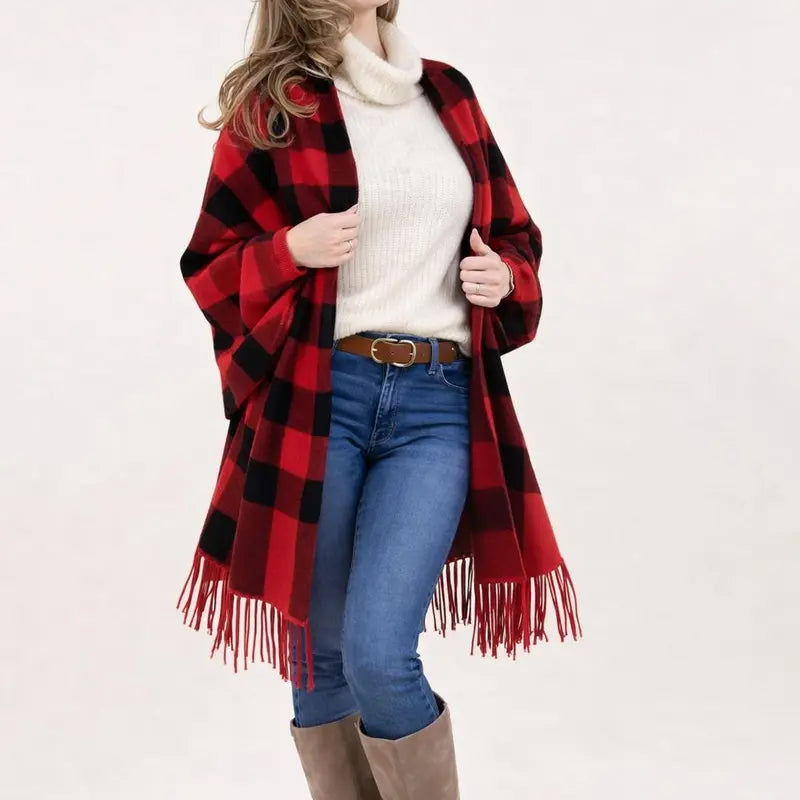 Red and Black Buffalo Check Fringe Shawl Wrap