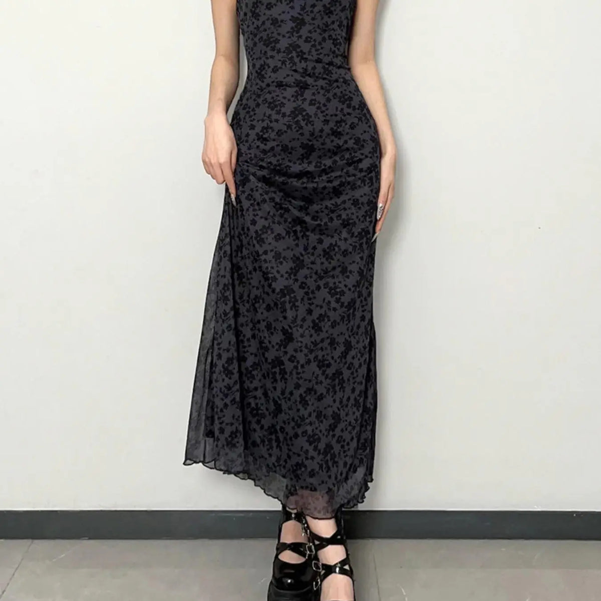 Black Floral Mesh Maxi Slip Dress with Lace Trim