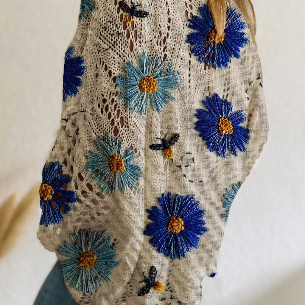 Beige Open Knit Top with Blue Flower Embroidery