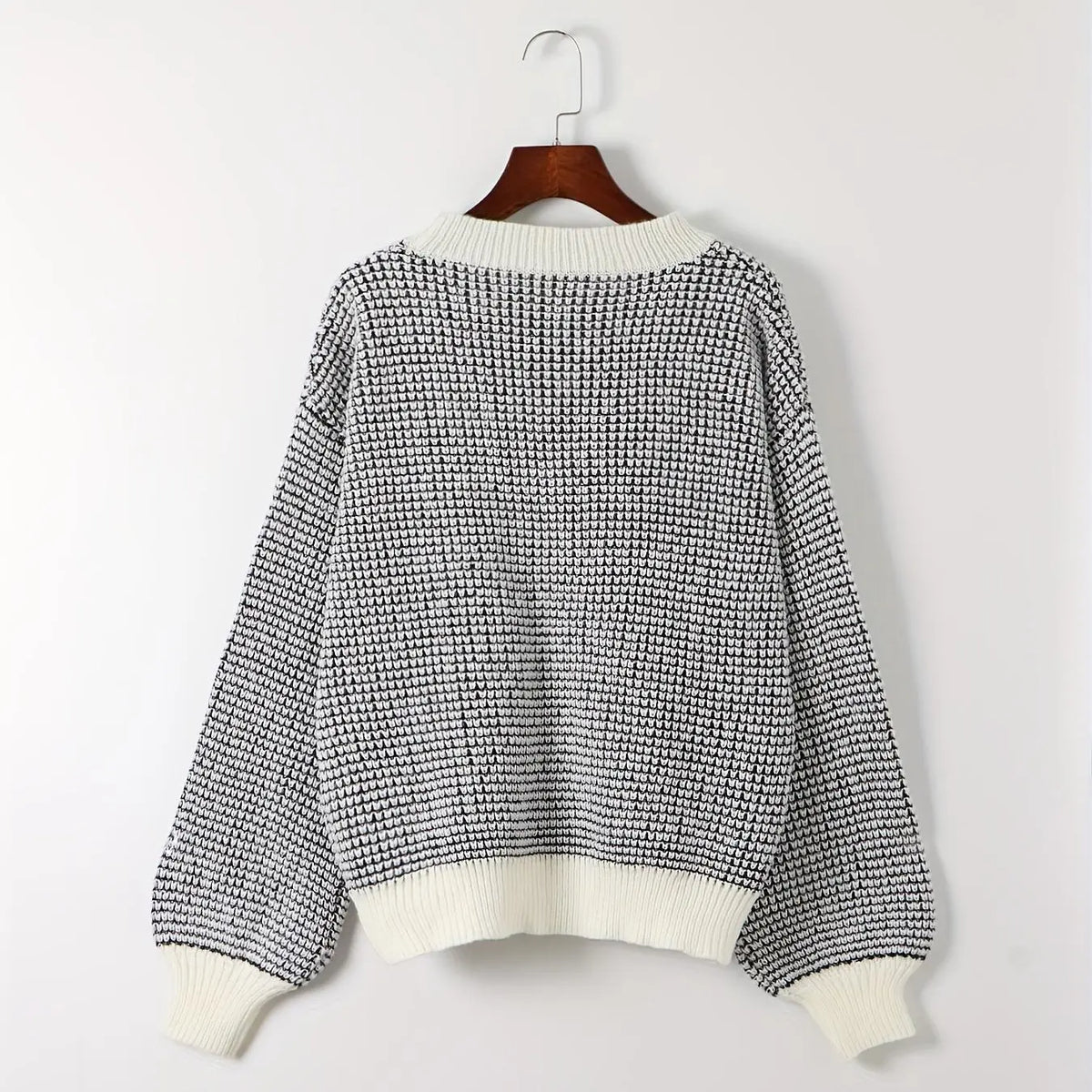 Grey Textured Knit Sweater with Cream Trim