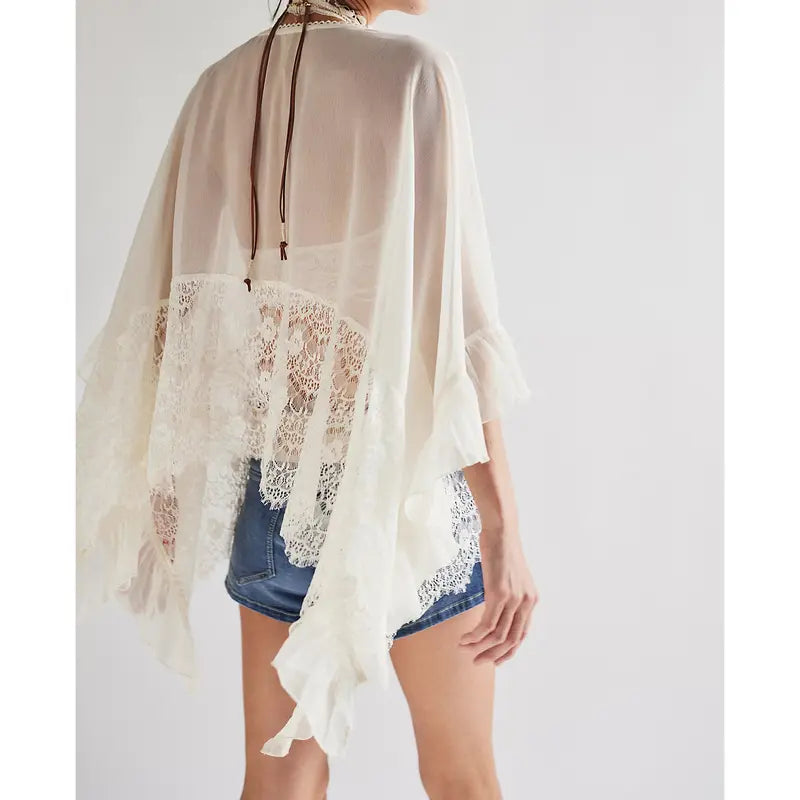 Cream Lace Trim Flowy Batwing Blouse