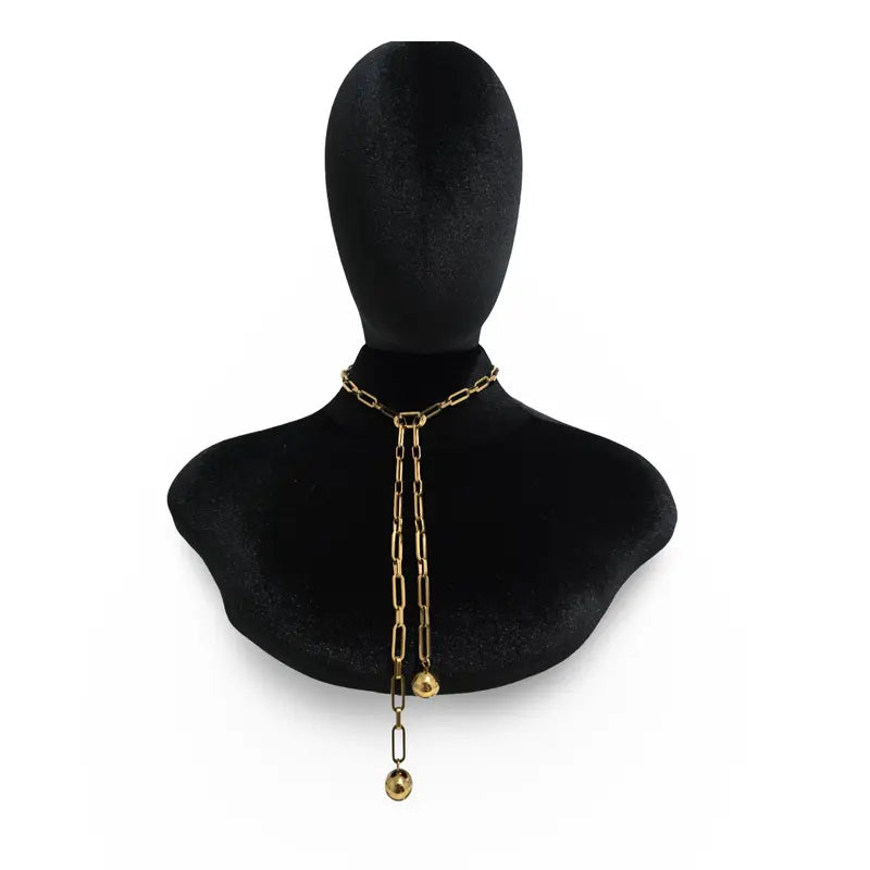 Gold Tone Paperclip Chain Necklace with Ball Beads