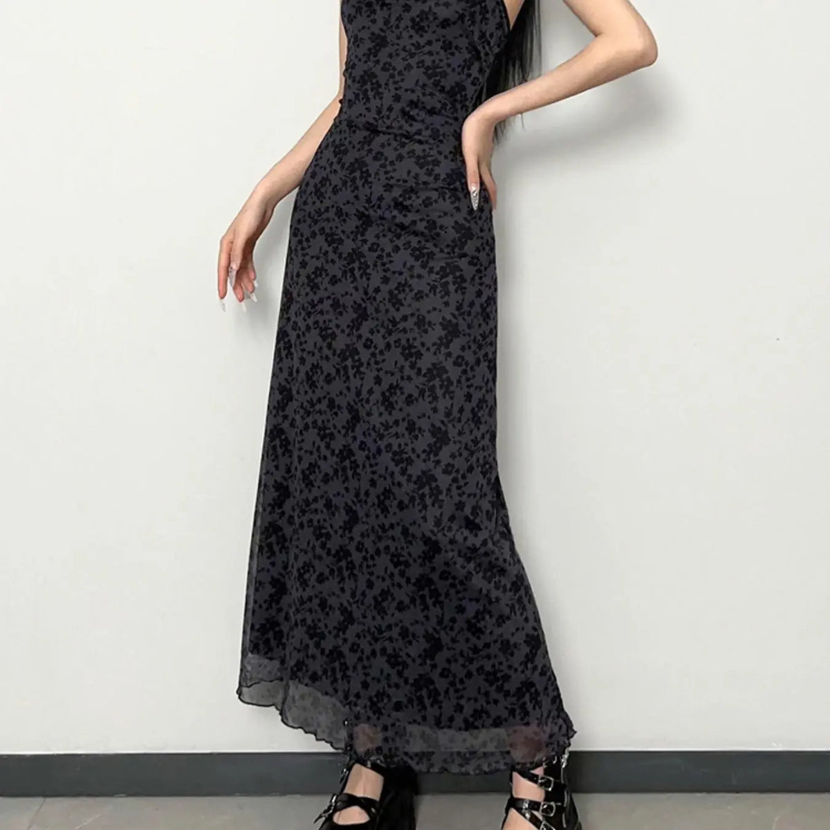 Black Floral Mesh Maxi Slip Dress with Lace Trim