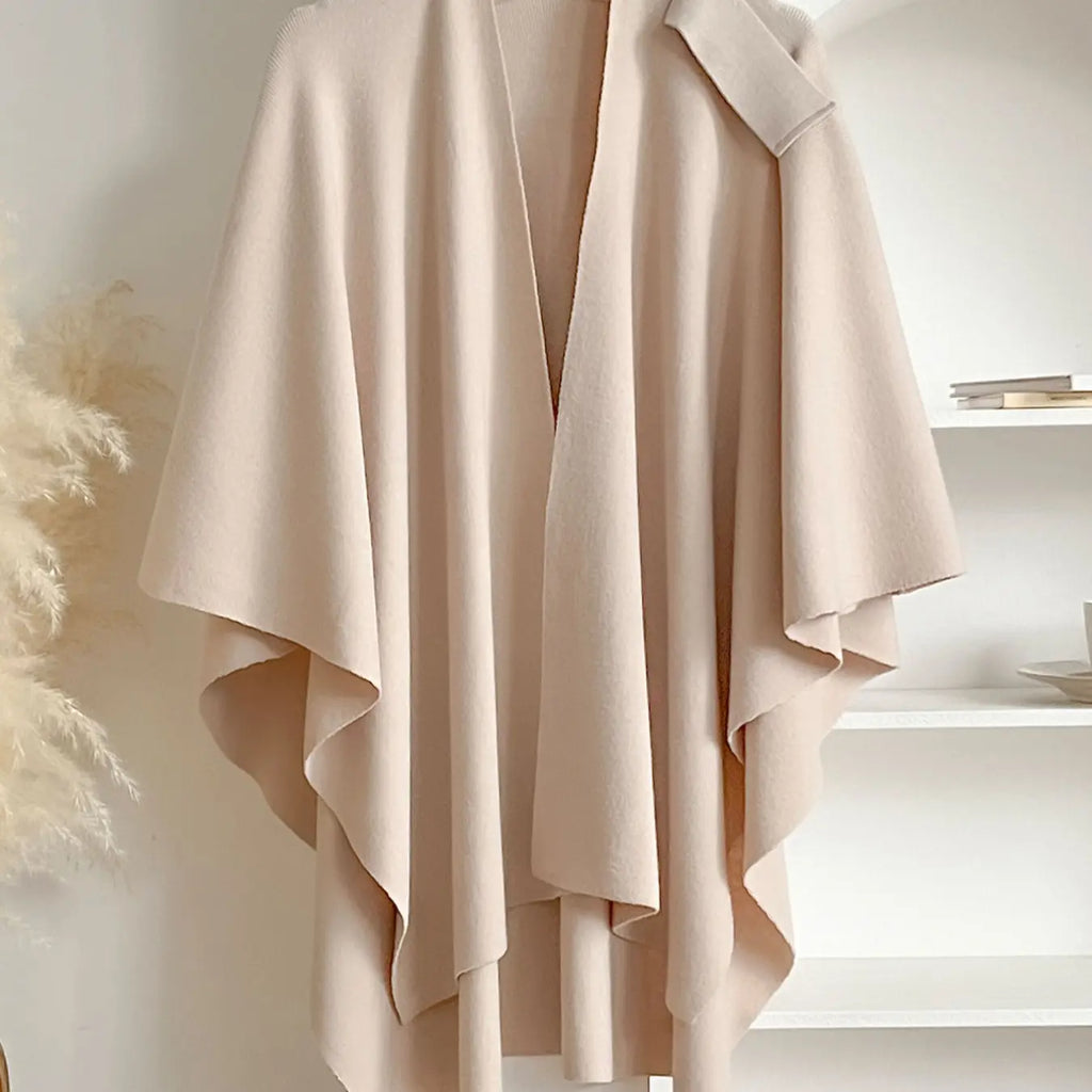 Beige Knit Draped Shawl Wrap with Shoulder Tab