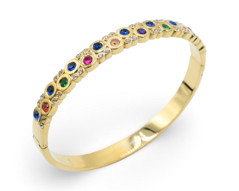 Gold-Tone Hinged Bangle with Colored Stones