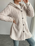 Cream Fuzzy Hooded Button Coat with Cable Pattern