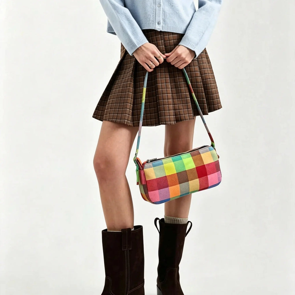Plaid Barrel Shoulder Bag With Thin Strap