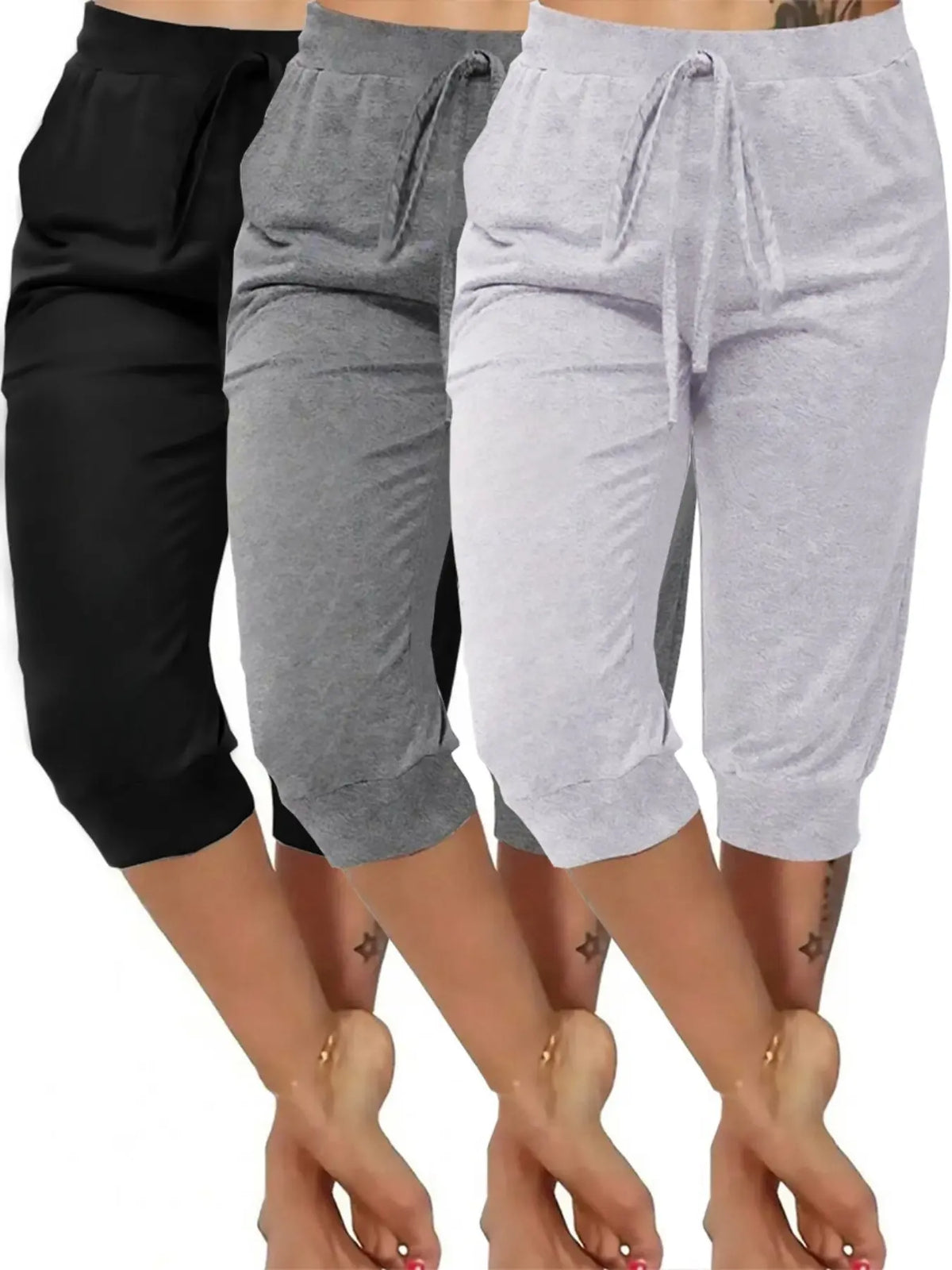Drawstring Capri Jogger Pants in Black and Grey
