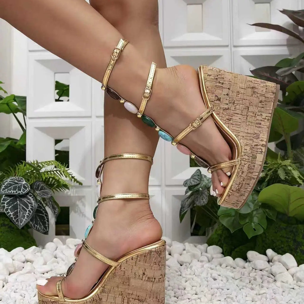 Gold Strap Cork Wedge Sandals with Gem Details