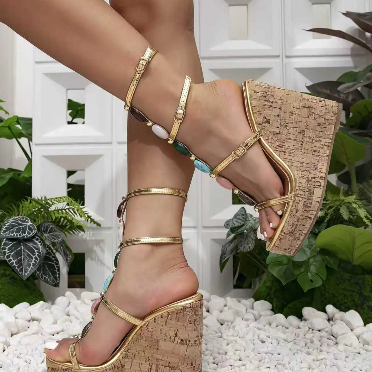 Gold Strap Cork Wedge Sandals with Gem Details