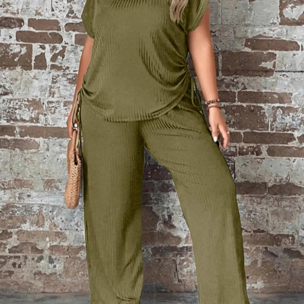 Black Ribbed Short Sleeve Top and Wide Pants Set